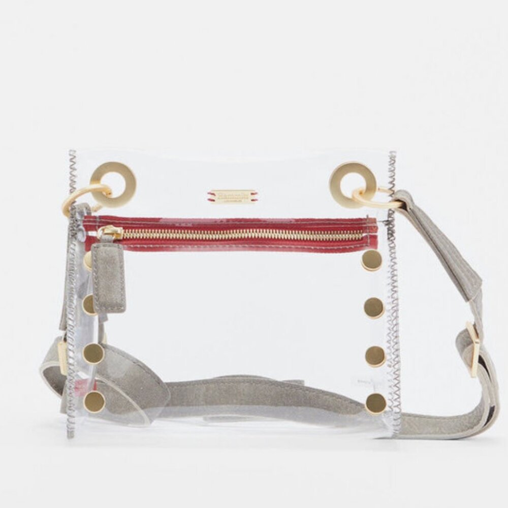 Hammitt Clear Crossbody Bag with Red Zipper and Gray Trim